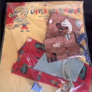 Vintage Kids Dressmaker Set with Red and Brown Fabrics